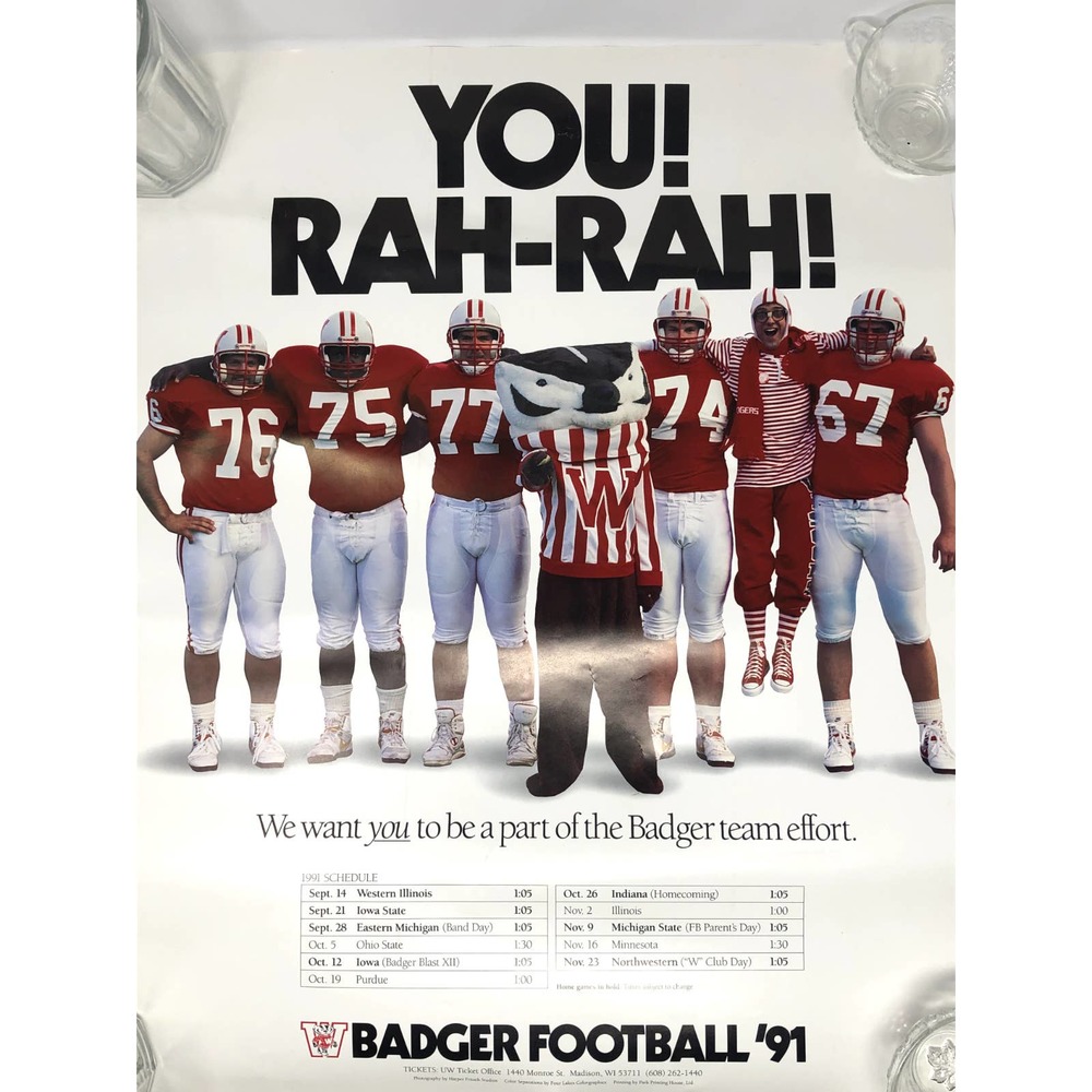 You RAH-RAH UW Madison Poster Football Badger 1991 Vintage